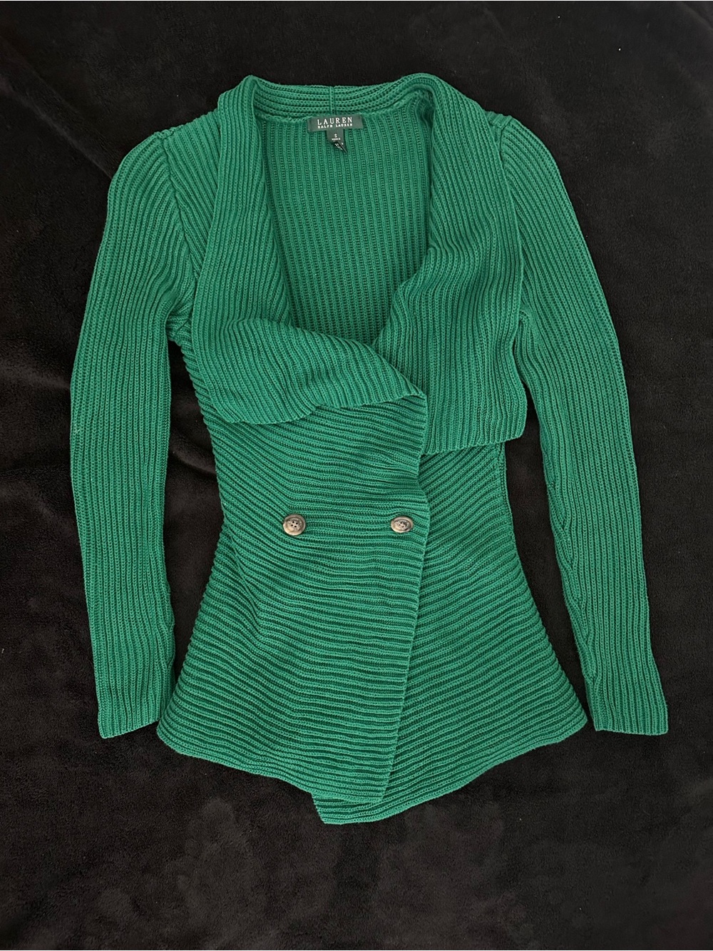 Ralph Lauren 100% Cotton Green Ribbed Shawl-Collar Cardigan - Picture 2 of 6